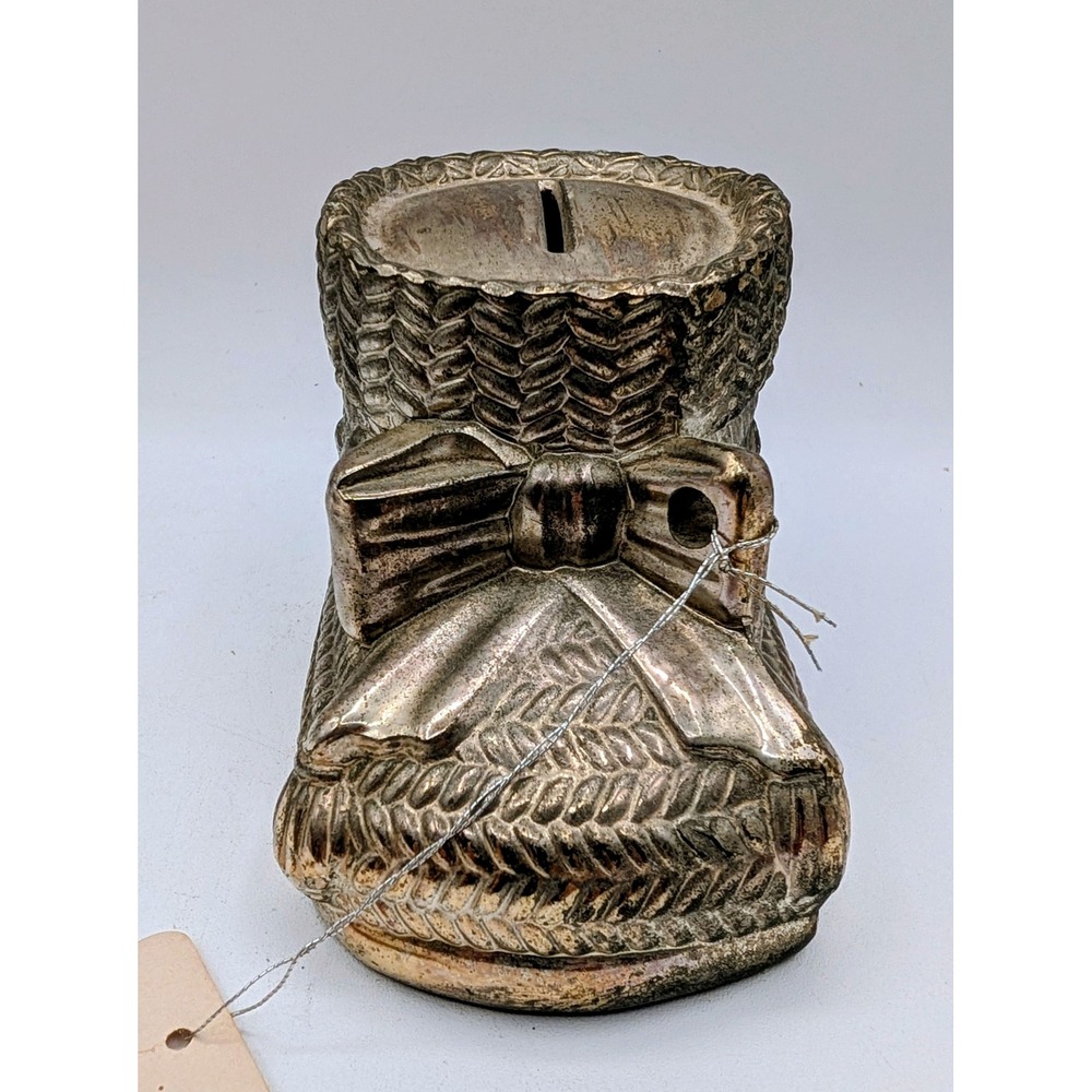 Vintage Leonard Silver Plated Baby Bootie Coin Bank Woven Texture Japan Bow Tag